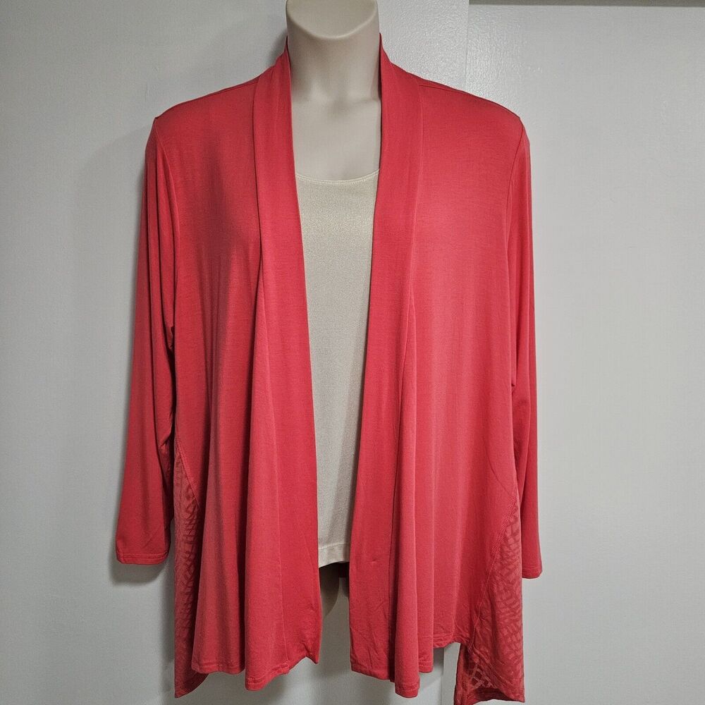 Marika Size 2X Coral Cardigan Long Sleeve Top Open Lightweight Casual Burnout